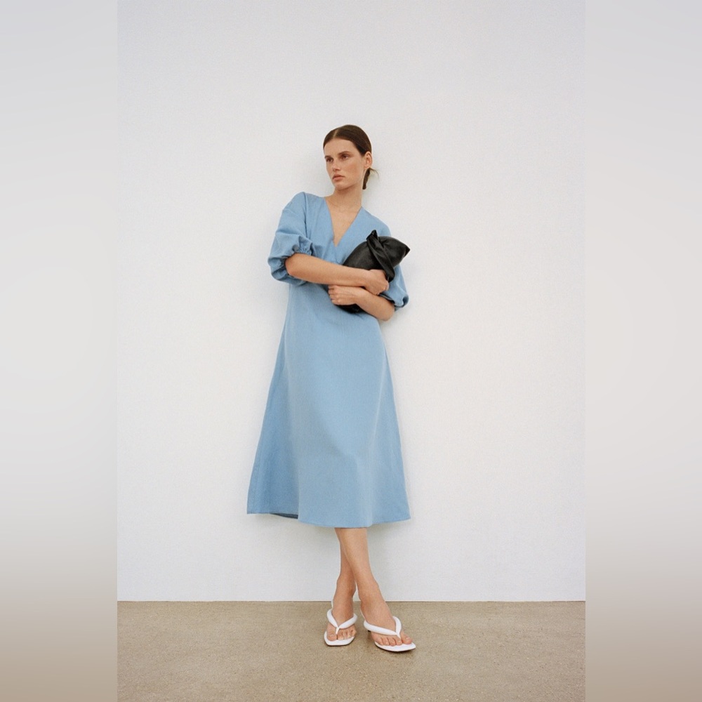 ZARA Voluminous Rustic Dress  Linen Puff sleeve Midi Dress Blue size XS